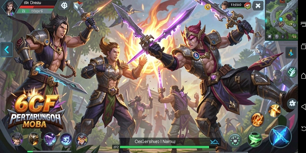 Screenshot utama menunjukkan aksi pertarungan seru di arena MOBA.