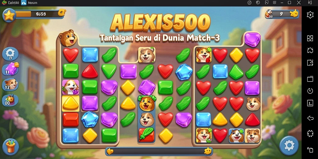 Tampilan gameplay ALEXIS500 dengan permata warna-warni yang harus dicocokkan.