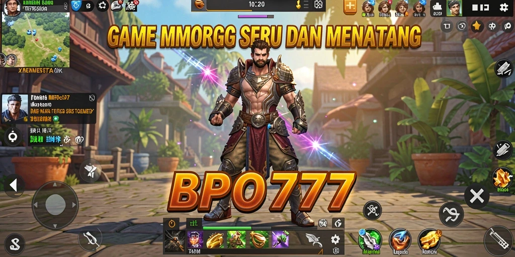 Screenshot utama BPO777 menunjukkan pertempuran epik dalam dunia MMORPG yang luas.