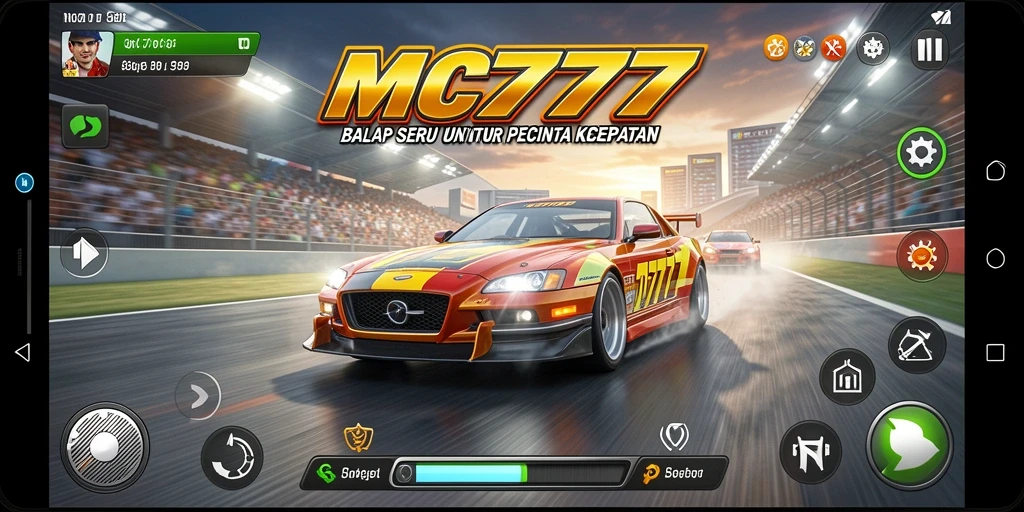 Tampilan gameplay MC777 yang menegangkan saat balapan di lintasan.