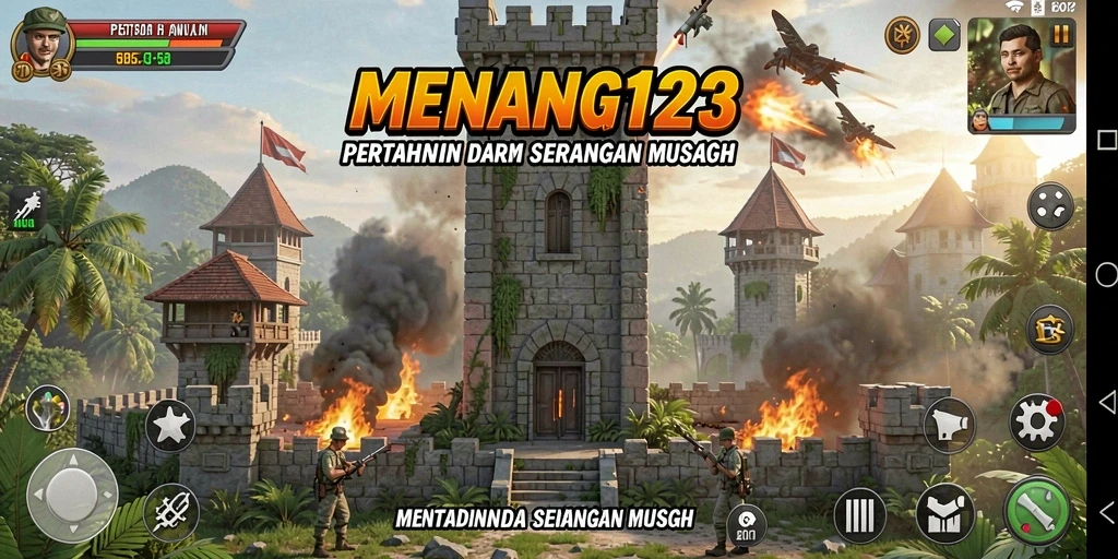 Screenshot MENANG123 yang menunjukkan pertahanan menara yang kuat melawan serangan musuh.