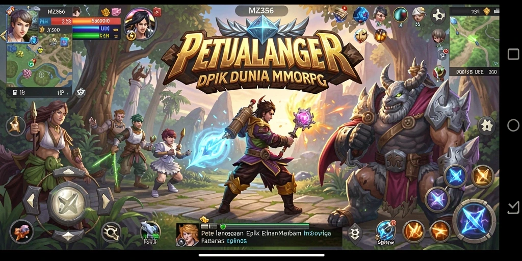 Screenshot gameplay MZ356 dengan karakter bertarung di dunia fantasi.