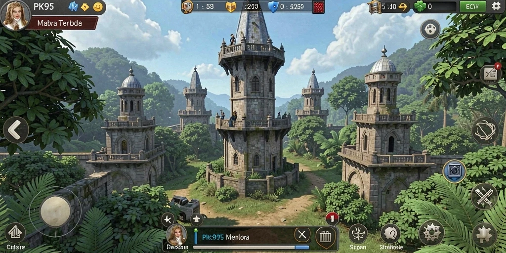 Tangkapan layar gameplay PK95 menunjukkan aksi menara pertahanan yang intens.