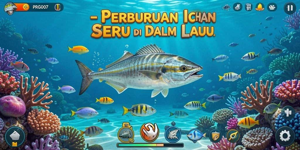 Tangkapan layar utama PRG007 menampilkan aksi menembak ikan di bawah laut.