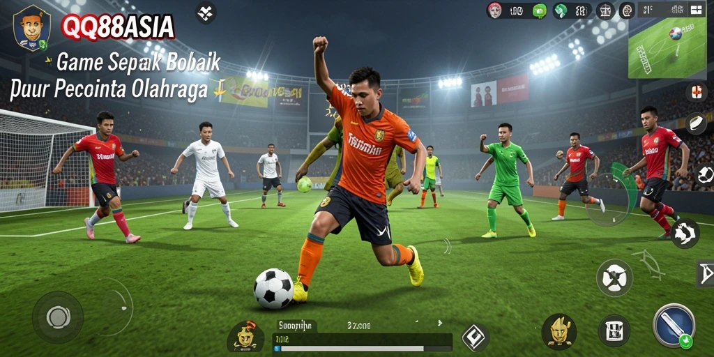 Screenshot gameplay menunjukkan aksi seru di lapangan sepak bola.