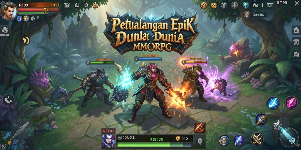 Screenshot gameplay RT99 menampilkan aksi seru dalam pertarungan MMORPG.