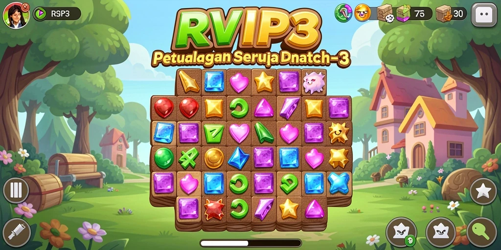 Screenshot menunjukkan gameplay seru dalam RVIP3 dengan tantangan Match-3.